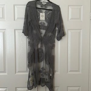 Rebellion Mesh Embroidered Lace Tie Front Cardigan Duster NWT